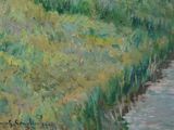 a painting of a river running through a grassy field