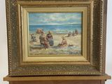an oil painting of a beach scene on a wooden easel