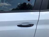 a close up of a car door handle with a dog in the window