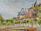 painting of a painting of a building with a fountain in front of it