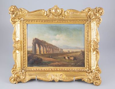 une image représentant un tableau d'un paysage rocheux avec des moutons au premier plan