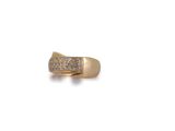 a close up of a gold ring with diamonds on a white background