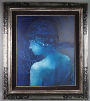 an oil painting of a woman in a blue dress is hanging on a wall