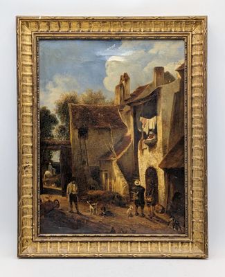 an oil painting of a village scene with a man and a dog