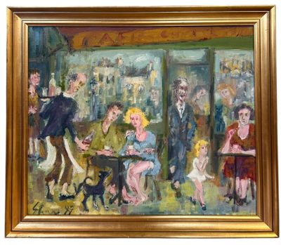 an oil painting of a group of people sitting around a table