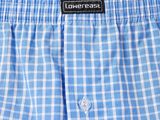 a close up of a man wearing a blue and white checkered boxers