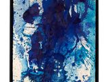a blue and white abstract painting on a black frame