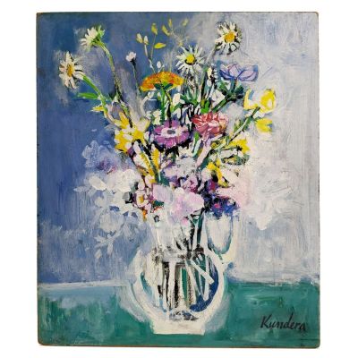 une peinture à l'huile représentant un vase rempli de fleurs posé sur une table