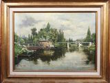 an oil painting of a river scene with a houseboat and bridge