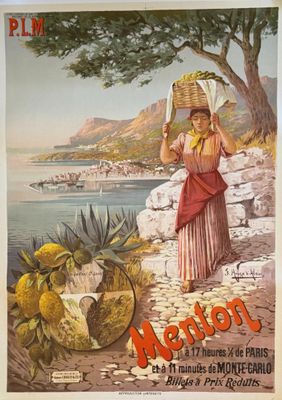 une vieille affiche représentant une femme portant un panier de fruits