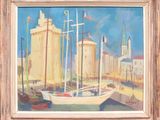 a painting of a boat in a harbor with a castle in the background