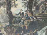 a painting of a group of people sitting on a rock
