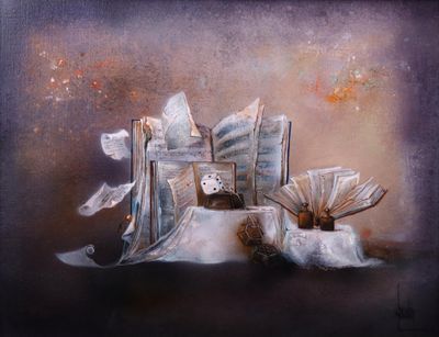 une photo d'un tableau représentant un livre et quelques livres