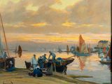 un tableau représentant un groupe de personnes au bord de l'eau