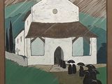 a painting of a church with a group of sheep in front of it