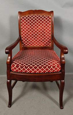 an image of a chair with a red and white patterned upholstered seat