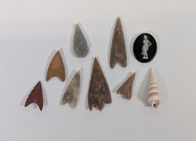 six types différents de pointes de flèche et une pièce de monnaie posées sur une surface blanche