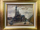 une peinture à l'huile représentant une église avec un clocher au centre