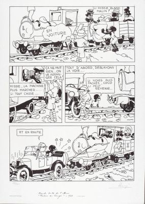 une image tirée d'une bande dessinée représentant un homme aux commandes d'un train