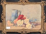 une peinture représentant un vase et des fleurs posés sur une table