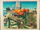 tableau représentant une voiture rouge sur une jetée, avec des gens sur la plage