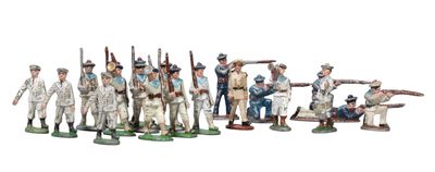 the figurines of the soldiers are lined up in a row