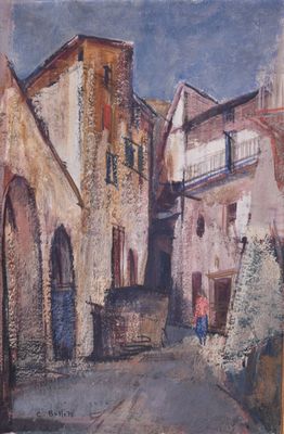 painting of a street scene with buildings and a person walking down the street
