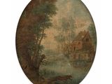 an image of a painting of a river scene with a house in the distance