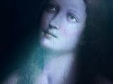 painting of a woman ' s face and hands in a dark room
