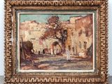 an oil painting of a street scene with people and a horse