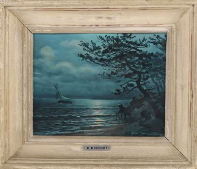 une peinture à l'huile représentant un voilier sur l'océan, avec un arbre au premier plan