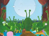 un tableau représentant un groupe de personnages de dessins animés dans un théâtre