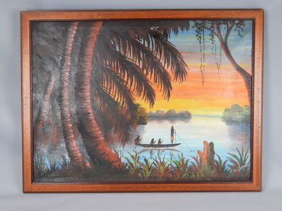a painting of two people in a boat on the water