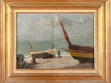 a picture of a painting of a boat on the beach