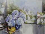 une peinture représentant un vase de fleurs sur une table