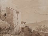 painting of a man and a woman sitting on a dirt road in front of a building