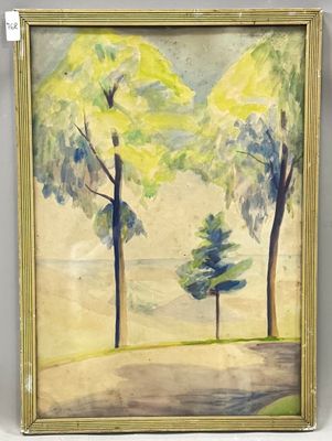une image représentant un tableau où l'on voit deux arbres dans un champ