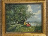 une peinture à l'huile représentant un couple assis sur un banc dans un parc