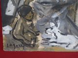 a painting of a woman holding a child and a dog