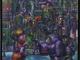 painting of a group of zombies in a city with a building in the background