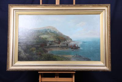 une peinture à l'huile représentant une vue de plage avec un bateau dans l'eau