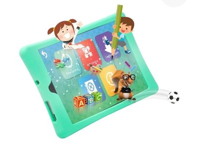 a green tablet with a picture of children playing on it