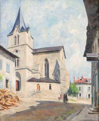 painting of a church with a steeple and a person walking down the street