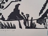 a black and white drawing of a cow in a field