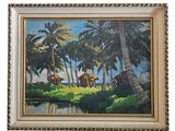 framed oil painting of a tropical scene with palm trees and water