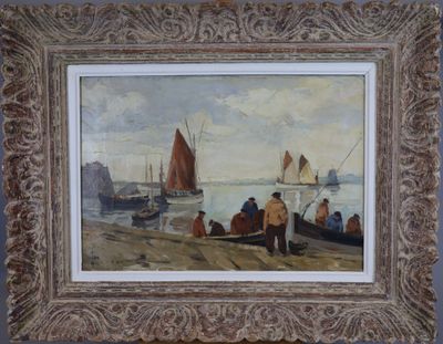 une peinture représentant un groupe de personnes sur une plage