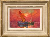 une peinture à l'huile représentant un voilier sur l'eau au coucher du soleil