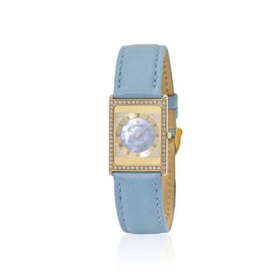 an image of a woman ' s wrist watch with a blue leather strap