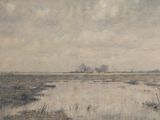 painting of a landscape with a body of water in the foreground and trees in the distance
