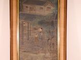 tableau encadré représentant une maison avec un homme sous le porche